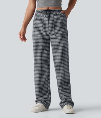 Freizeithose mit mittlerer Bundhöhe, Kordelzug, geradem Bein, Vichy-Karo und Taschen