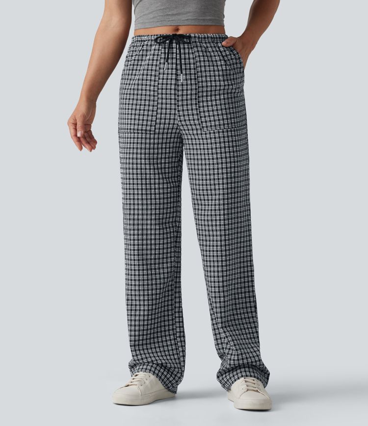 Freizeithose mit mittlerer Bundhöhe, Kordelzug, geradem Bein, Vichy-Karo und Taschen