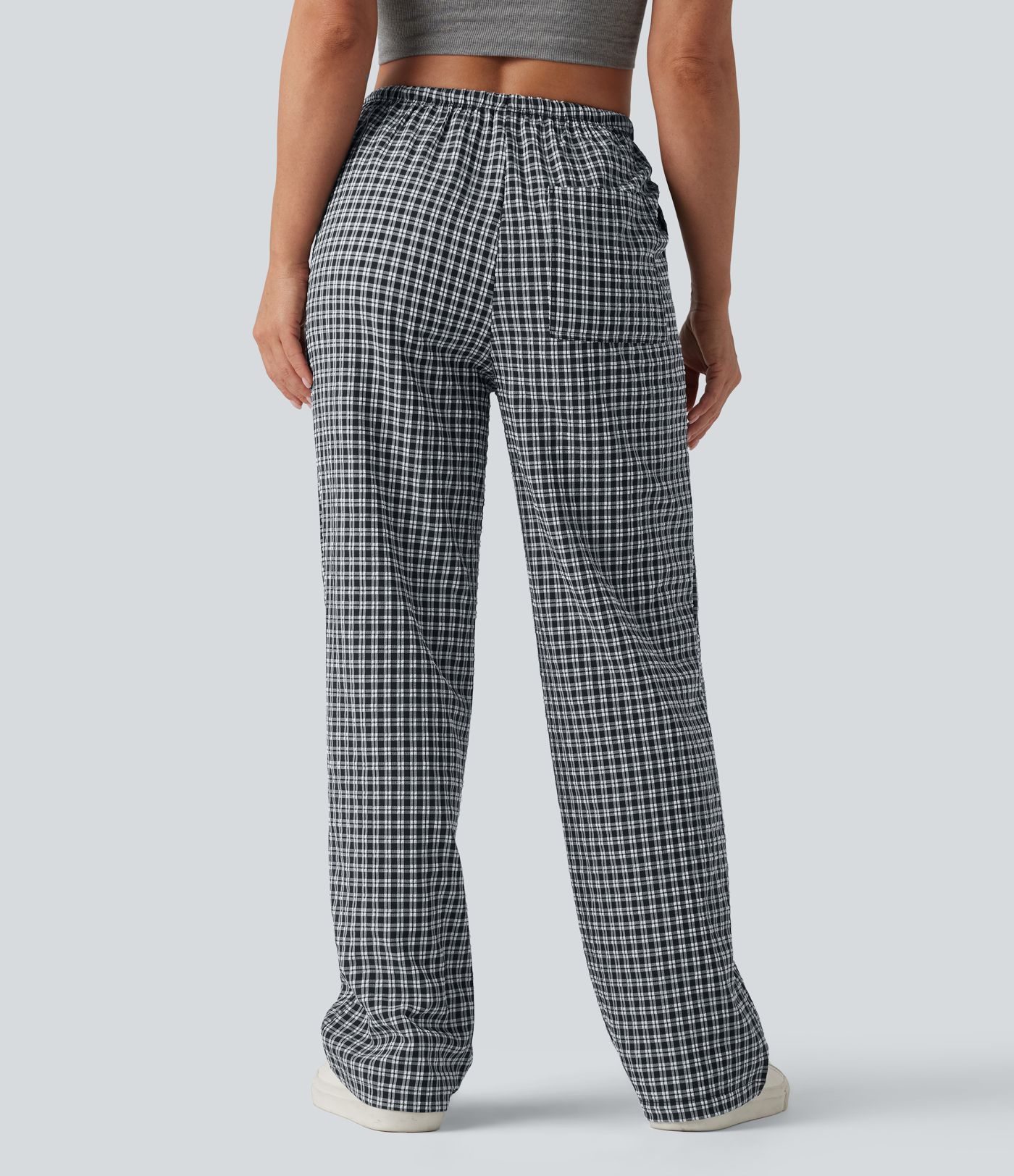 Freizeithose mit mittlerer Bundhöhe, Kordelzug, geradem Bein, Vichy-Karo und Taschen