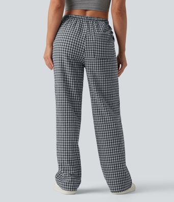 Freizeithose mit mittlerer Bundhöhe, Kordelzug, geradem Bein, Vichy-Karo und Taschen