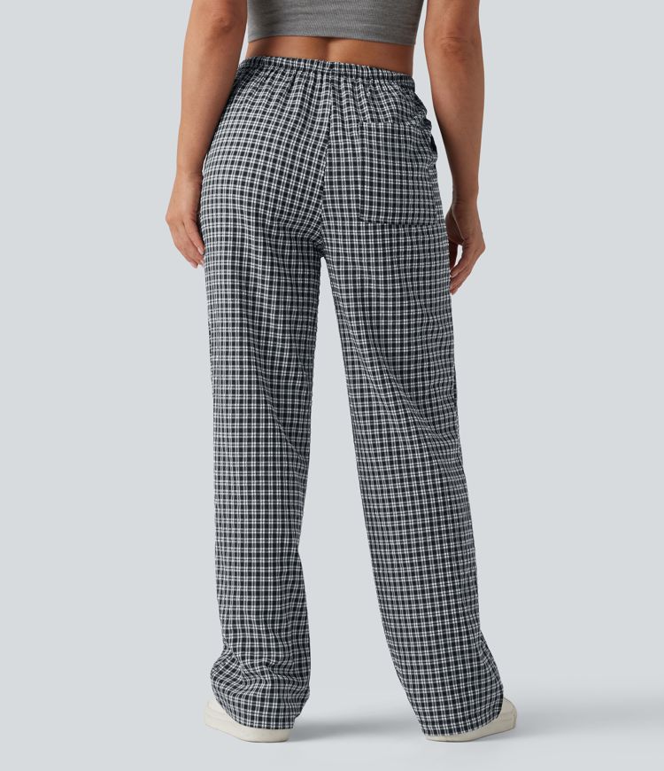 Freizeithose mit mittlerer Bundhöhe, Kordelzug, geradem Bein, Vichy-Karo und Taschen