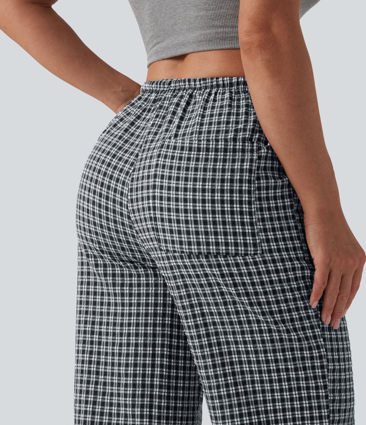 Freizeithose mit mittlerer Bundhöhe, Kordelzug, geradem Bein, Vichy-Karo und Taschen