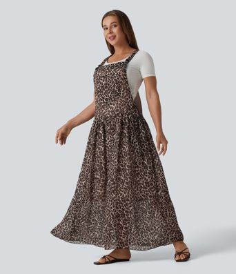Adjustable Straps Plaid/Leopard Print Maxi Flowy Casual Pinafore Dress with Pockets
