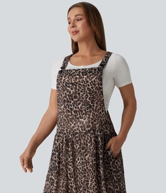Adjustable Straps Plaid/Leopard Print Maxi Flowy Casual Pinafore Dress with Pockets