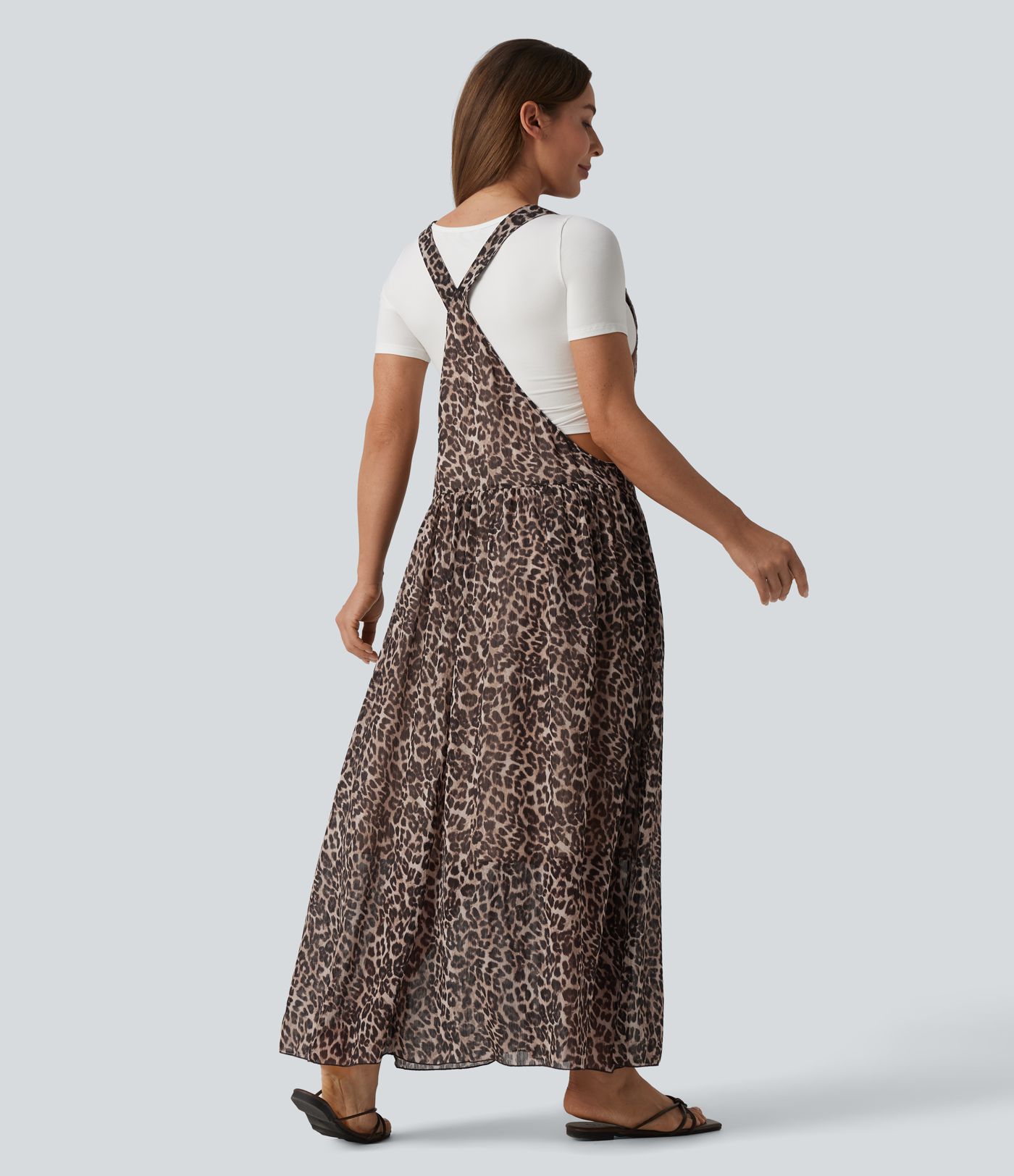 Adjustable Straps Plaid/Leopard Print Maxi Flowy Casual Pinafore Dress with Pockets