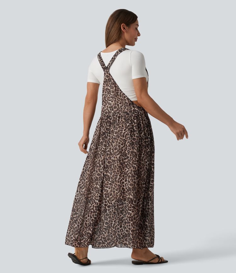 Halara Adjustable Straps Plaid/Leopard Print Maxi Flowy Casual Pinafore Dress with Pockets Casual Dress - Fierce Tan - XL Slip Dress