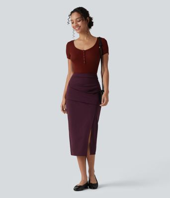 HIgh Waisted Crossover Split Hem Midi Stripes Work Bodycon Skirt