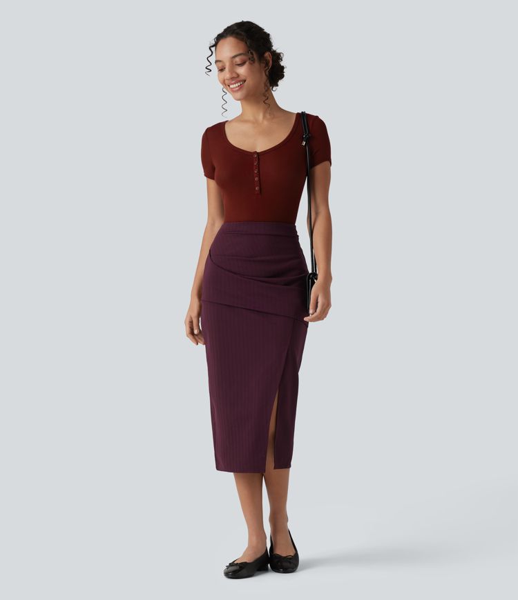 HIgh Waisted Crossover Split Hem Midi Stripes Work Bodycon Skirt