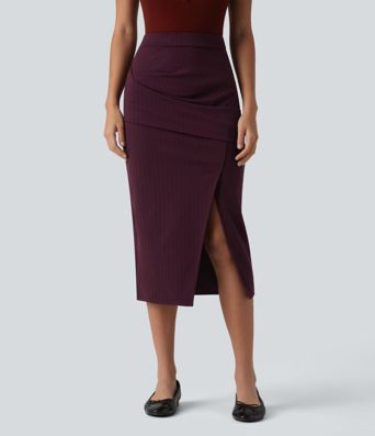 HIgh Waisted Crossover Split Hem Midi Stripes Work Bodycon Skirt