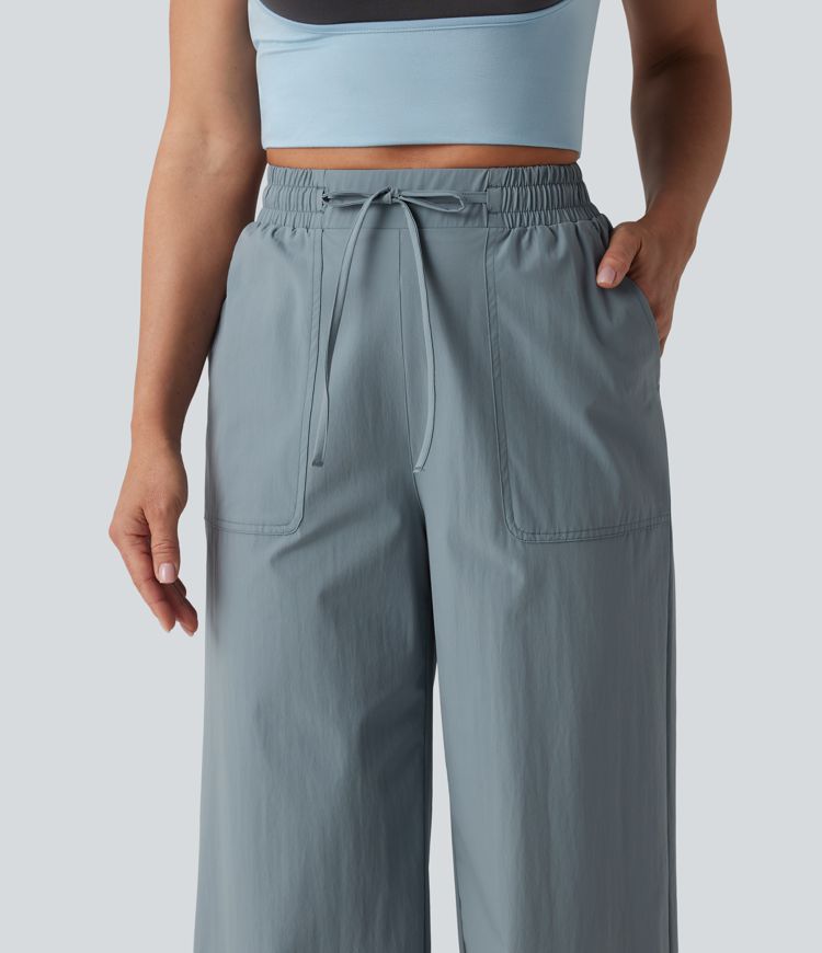 Water Repellent High Waisted Drawstring Wide Leg Curved Hem Casual Trousers with Pockets
