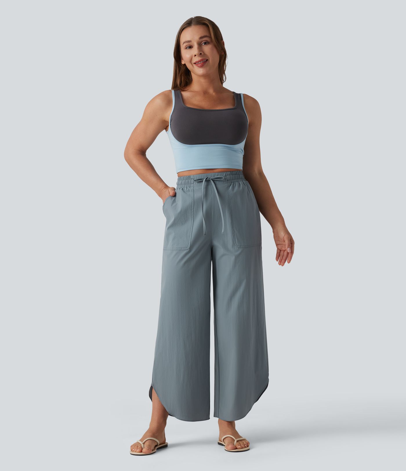 Water Repellent High Waisted Drawstring Wide Leg Curved Hem Casual Trousers with Pockets