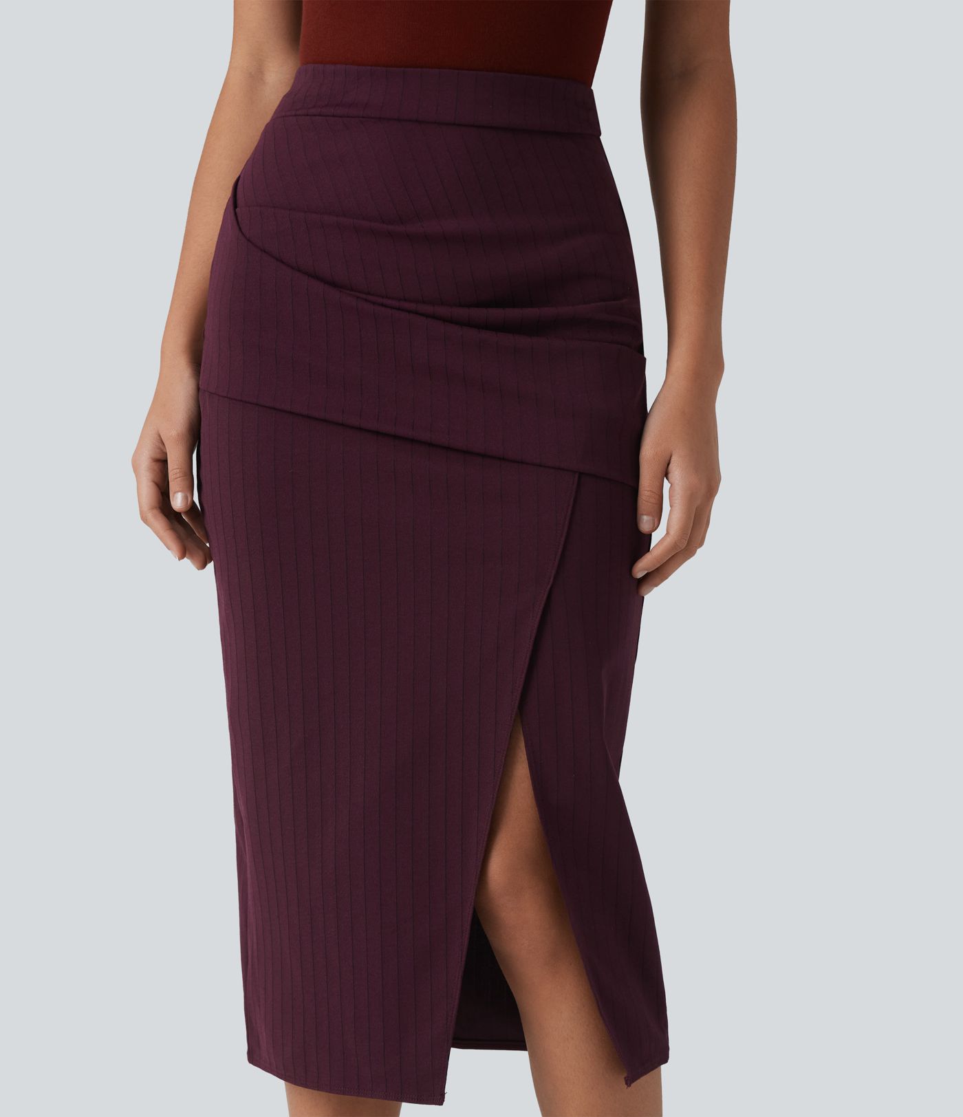 HIgh Waisted Crossover Split Hem Midi Stripes Work Bodycon Skirt