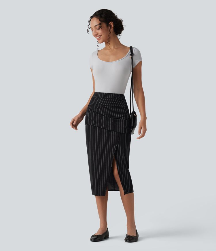 HIgh Waisted Crossover Split Hem Midi Stripes Work Bodycon Skirt
