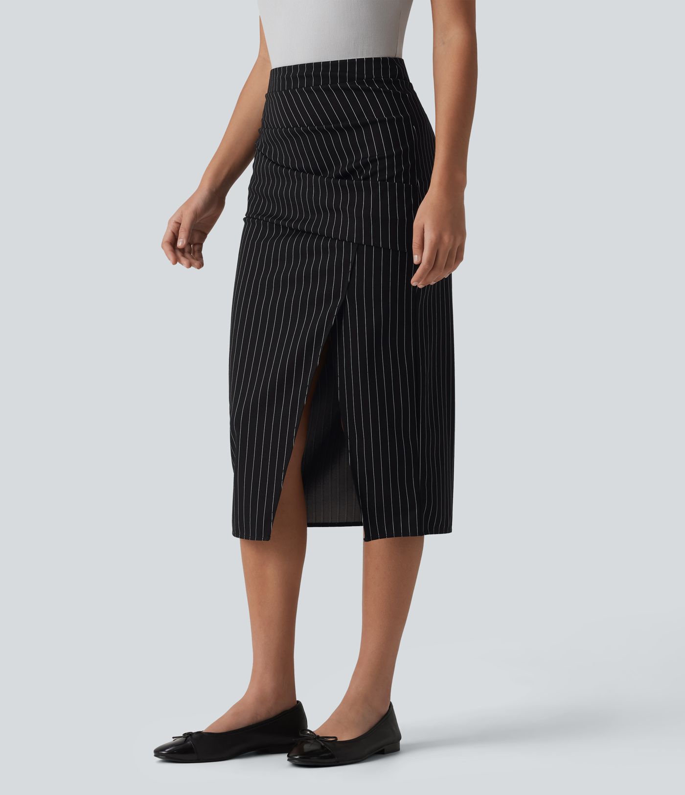 HIgh Waisted Crossover Split Hem Midi Stripes Work Bodycon Skirt