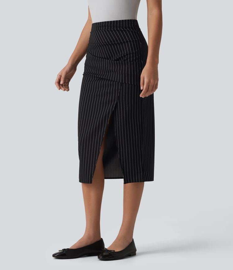 HIgh Waisted Crossover Split Hem Midi Stripes Work Bodycon Skirt