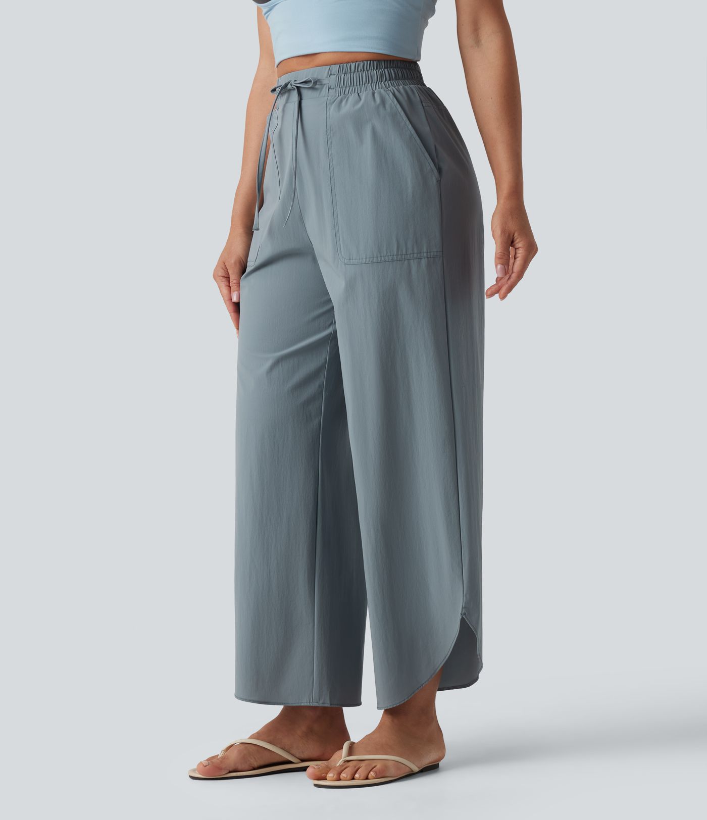 Water Repellent High Waisted Drawstring Wide Leg Curved Hem Casual Trousers with Pockets