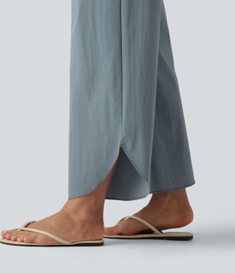 Water Repellent High Waisted Drawstring Wide Leg Curved Hem Casual Trousers with Pockets