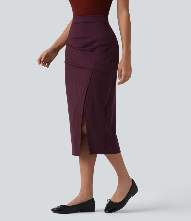 HIgh Waisted Crossover Split Hem Midi Stripes Work Bodycon Skirt