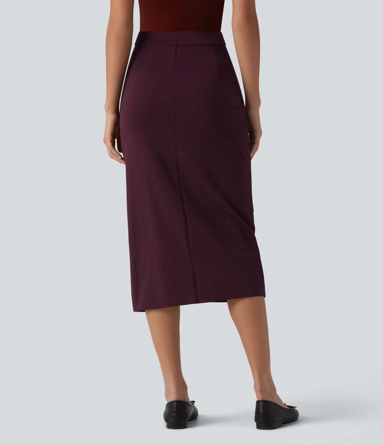 HIgh Waisted Crossover Split Hem Midi Stripes Work Bodycon Skirt