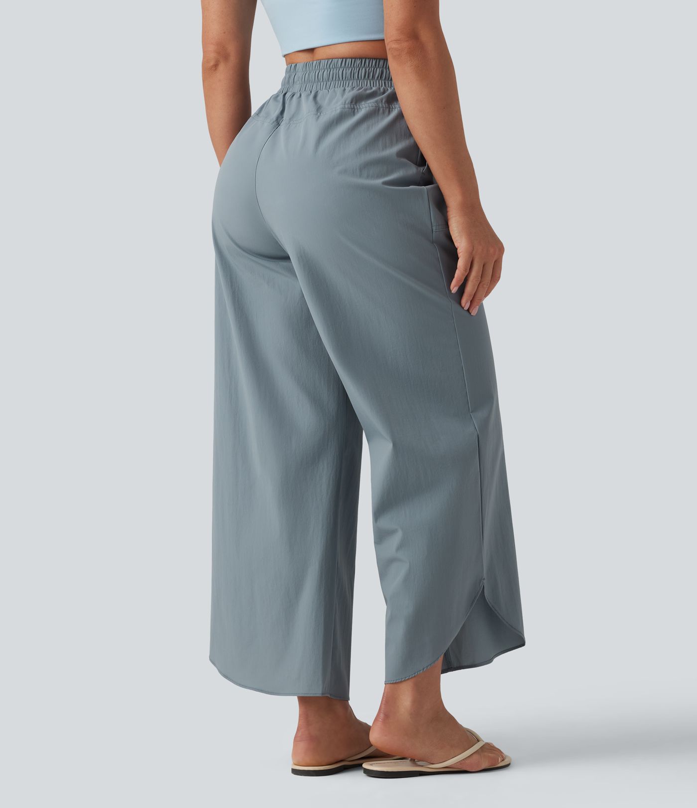 Water Repellent High Waisted Drawstring Wide Leg Curved Hem Casual Trousers with Pockets