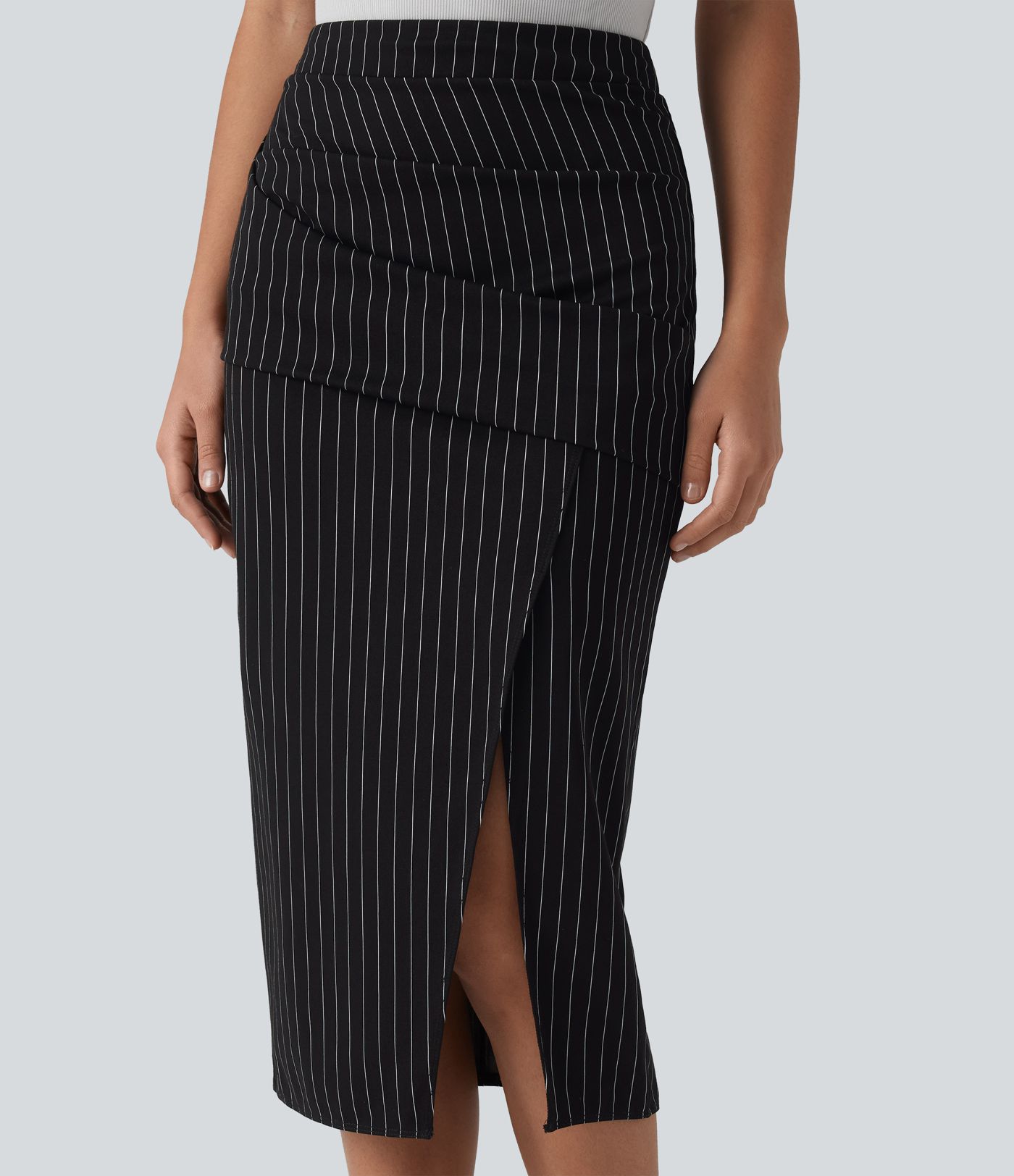 HIgh Waisted Crossover Split Hem Midi Stripes Work Bodycon Skirt