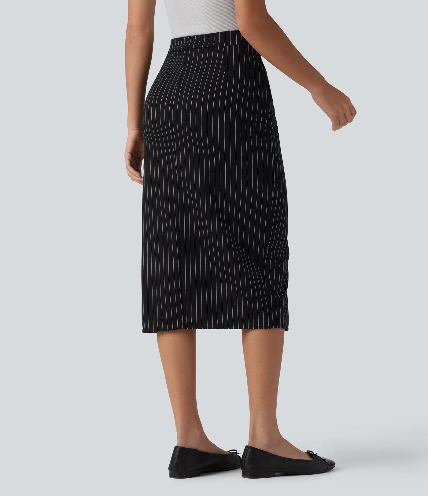 HIgh Waisted Crossover Split Hem Midi Stripes Work Bodycon Skirt