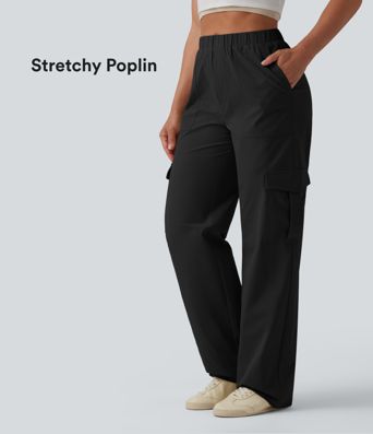 Mid Rise Straight Leg Stretchy Poplin Casual Pants with Pockets