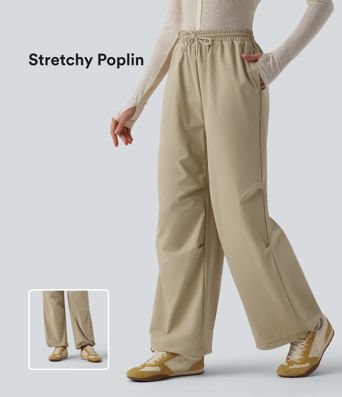 Mid Rise Drawstring Ruched Baggy Stretchy Poplin Casual Parachute Trousers with Pockets
