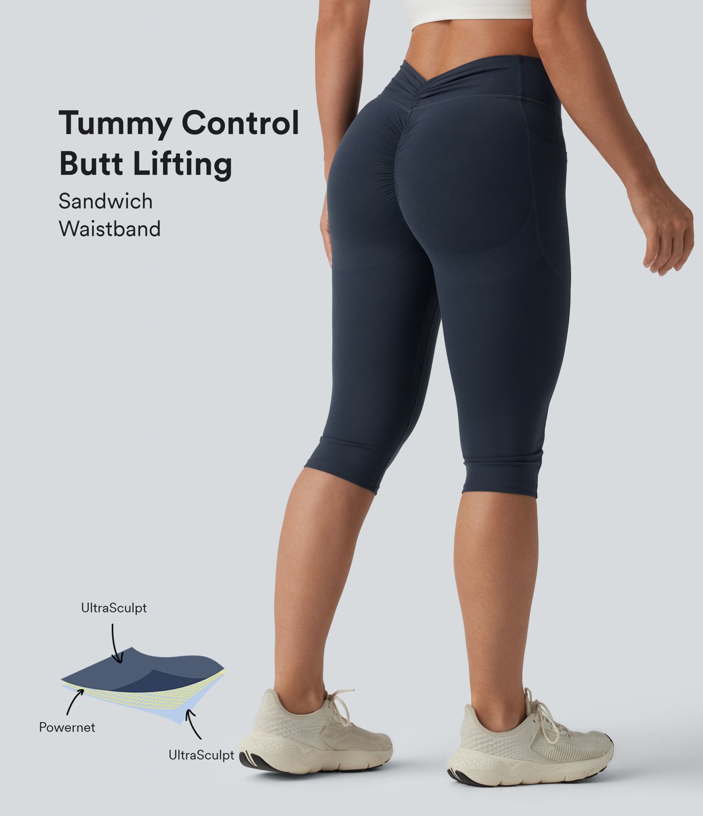 Halara UltraSculpt™ High Waisted Tummy Control Butt Lifting Ruched Pedal Pushers Shaping Yoga Leggings with Pockets