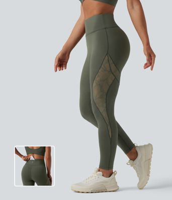 SoftlyZero™ High Waisted Contrast Lace Workout Leggings with Pocket-UPF50+
