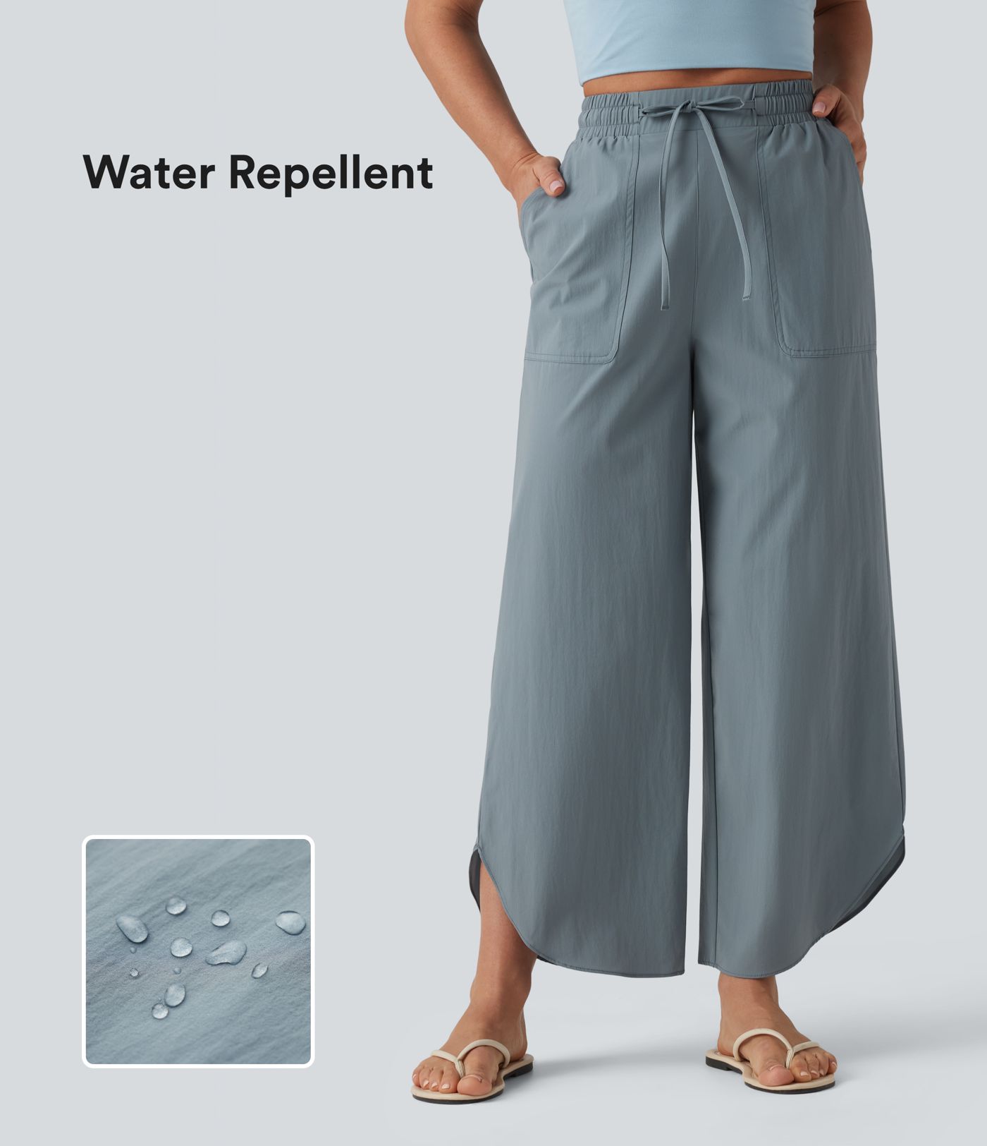 Water Repellent High Waisted Drawstring Wide Leg Curved Hem Casual Trousers with Pockets