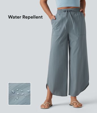 Water Repellent High Waisted Drawstring Wide Leg Curved Hem Casual Trousers with Pockets