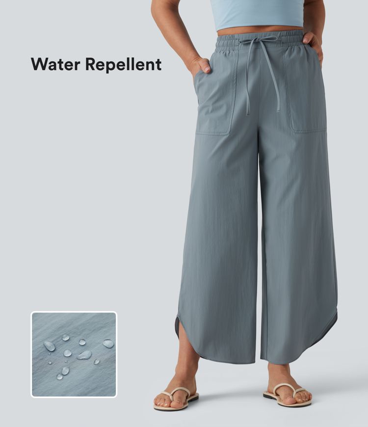 Water Repellent High Waisted Drawstring Wide Leg Curved Hem Casual Trousers with Pockets