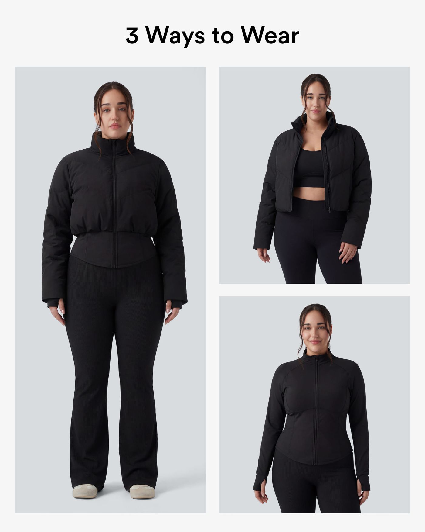 PuffFlex Plus Size 3-in-1 Stand Collar Casual Cropped Puffer Coat & Thumb Holes Curved Hem Jacket with Pockets