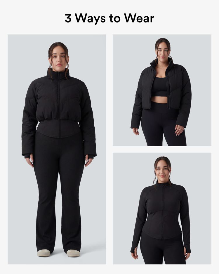 PuffFlex Plus Size 3-in-1 Stand Collar Casual Cropped Puffer Coat & Thumb Holes Curved Hem Jacket with Pockets