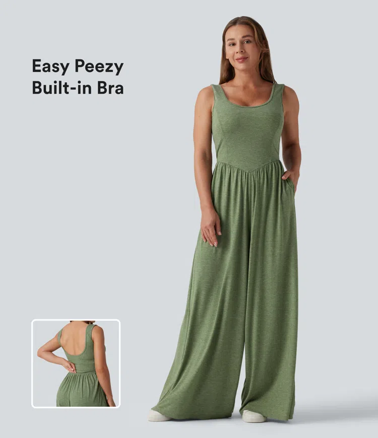 U Neck Wide Leg Casual Jumpsuit with Pockets-Easy Peezy Edition