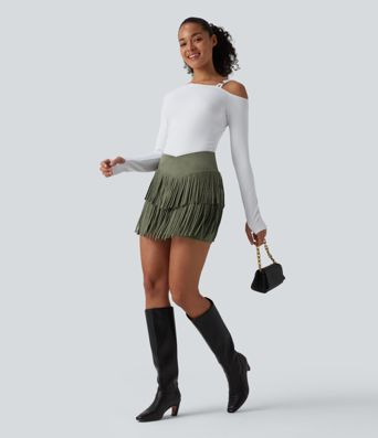 Crossover High Waisted 2-in-1 Fringe Hem Bodycon Mini Suede Party Skirt