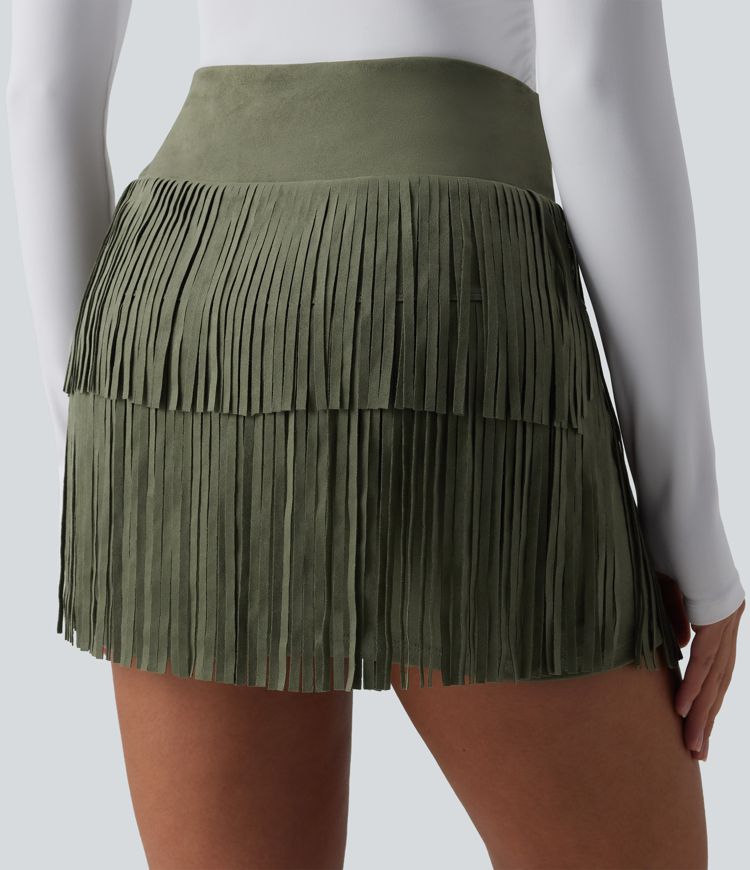 Crossover High Waisted 2-in-1 Fringe Hem Bodycon Mini Suede Party Skirt