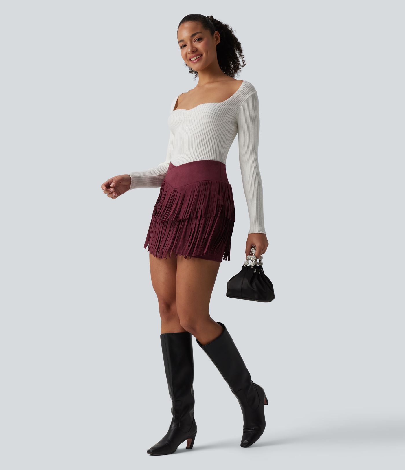 Crossover High Waisted 2-in-1 Fringe Hem Bodycon Mini Suede Party Skirt