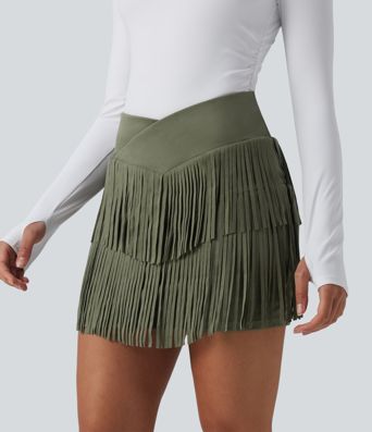 Crossover High Waisted 2-in-1 Fringe Hem Bodycon Mini Suede Party Skirt