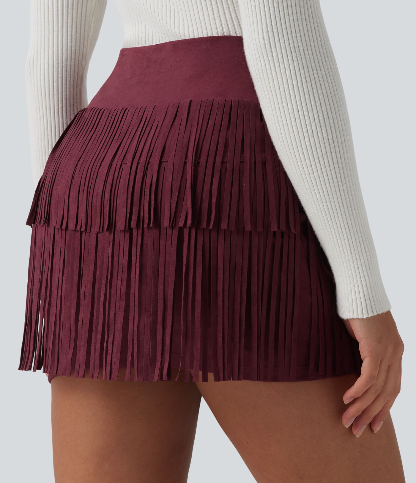 Crossover High Waisted 2-in-1 Fringe Hem Bodycon Mini Suede Party Skirt