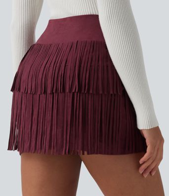 Crossover High Waisted 2-in-1 Fringe Hem Bodycon Mini Suede Party Skirt