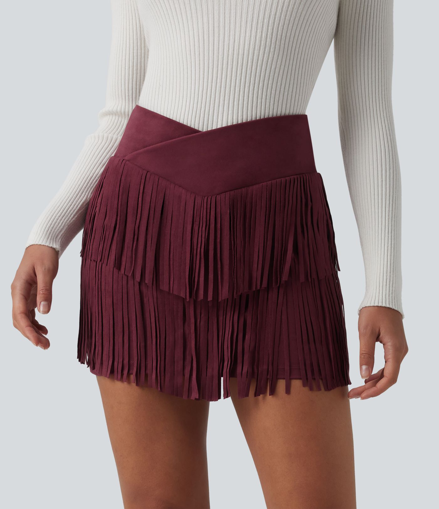 Crossover High Waisted 2-in-1 Fringe Hem Bodycon Mini Suede Party Skirt