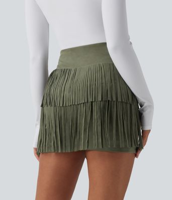Crossover High Waisted 2-in-1 Fringe Hem Bodycon Mini Suede Party Skirt