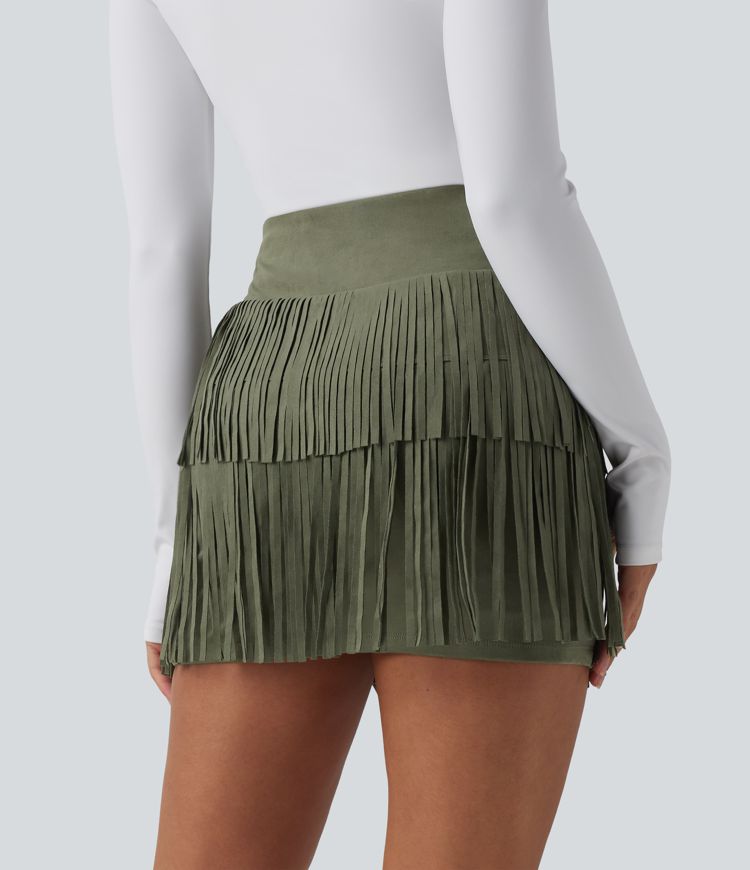 Crossover High Waisted 2-in-1 Fringe Hem Bodycon Mini Suede Party Skirt