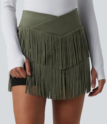 Crossover High Waisted 2-in-1 Fringe Hem Bodycon Mini Suede Party Skirt