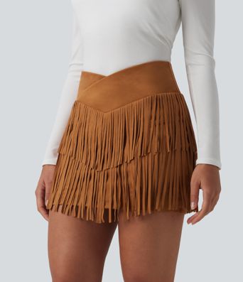 Crossover High Waisted 2-in-1 Fringe Hem Bodycon Mini Suede Party Skirt