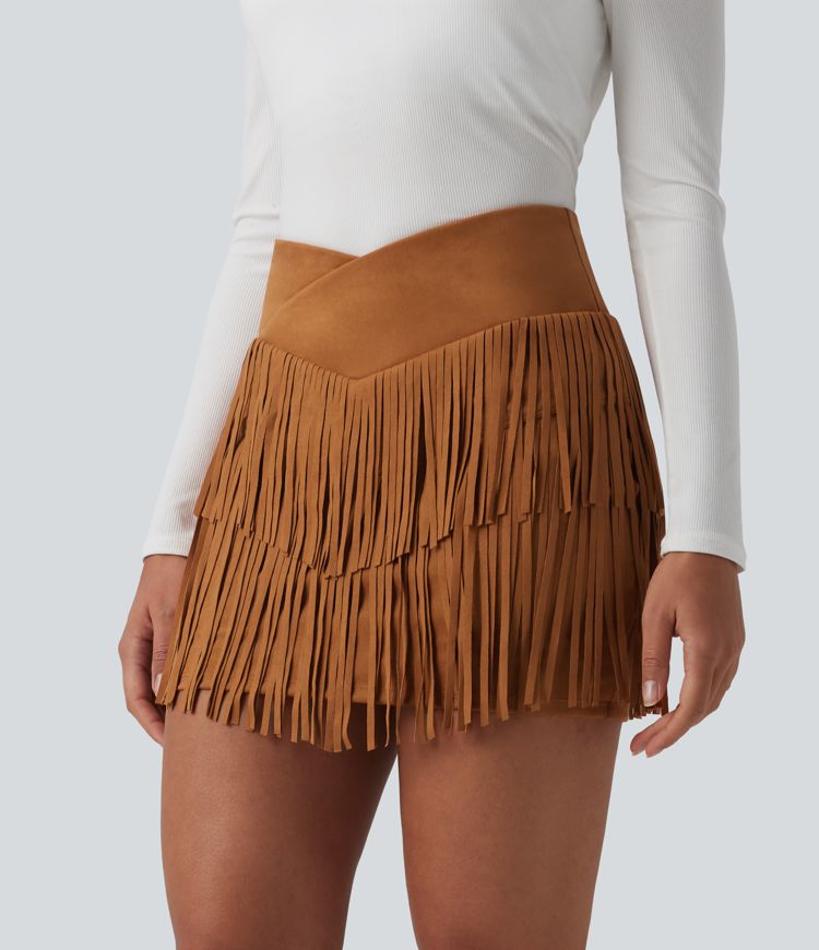 Crossover High Waisted 2-in-1 Fringe Hem Bodycon Mini Suede Party Skirt