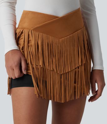 Crossover High Waisted 2-in-1 Fringe Hem Bodycon Mini Suede Party Skirt