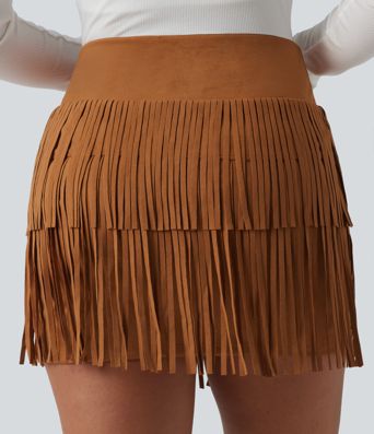 Crossover High Waisted 2-in-1 Fringe Hem Bodycon Mini Suede Party Skirt